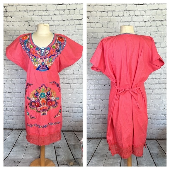 Mexican Embroidered Coral Floral Caftan Shift Oaxacan Peasant Boho Dress XL NWOT - Picture 2 of 16